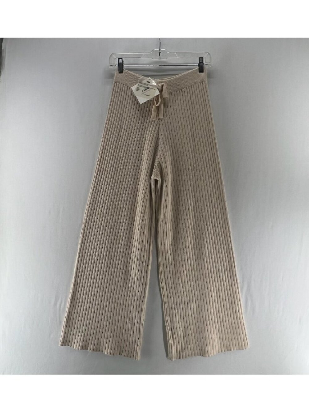 J.ING Ribbed Knit Wide Leg Lounge Pants Women One Size Stretch Drawstring Beige - Picture 1 of 12